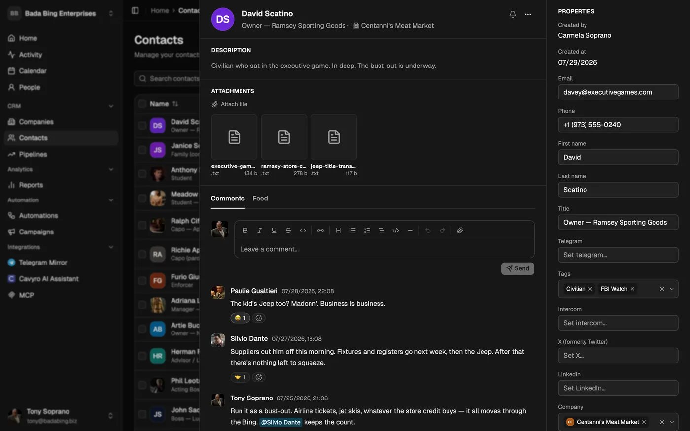 Cavyro contact record with timeline of deals, meetings and Telegram messages