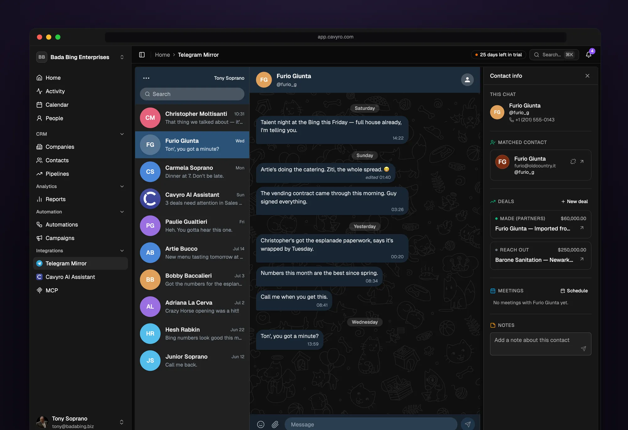Telegram Mirror in Cavyro: the conversation, the matched contact and their deals side by side